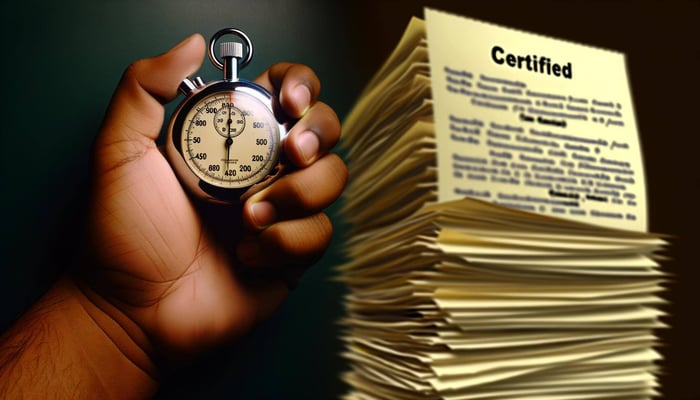 A closeup shot of a hand holding a stopwatch next to a stack of paperwork with testing and certification documents clearly visible