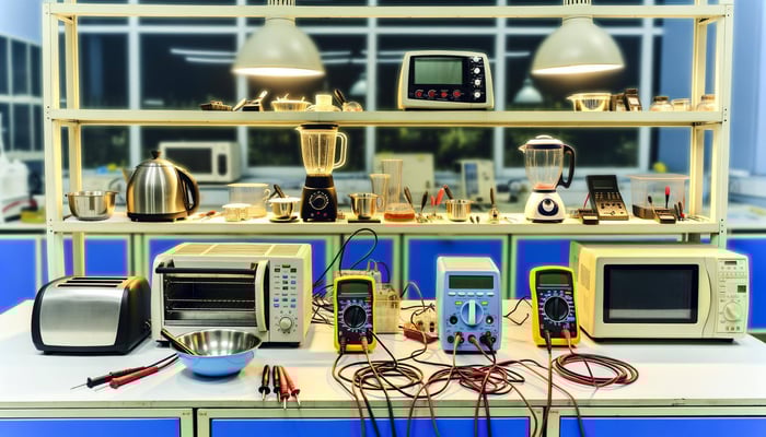 A welllit laboratory workbench with various appliances e
