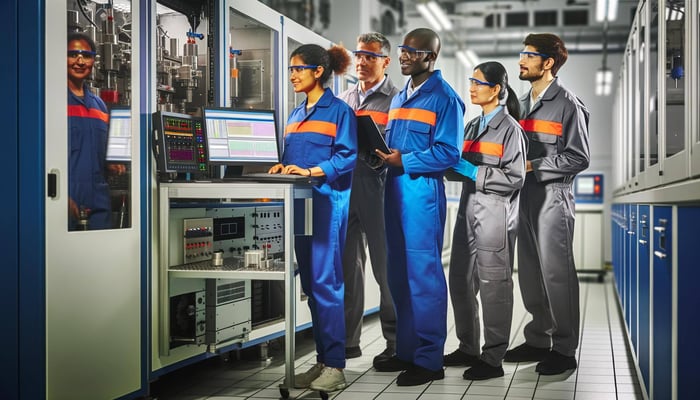 Highquality image showcasing a team of technicians conducting rigorous testing on various industrial equipment in a stateoftheart lab setting Highquality image showcasing a team of technicians conducting rigorous testing on various industrial equipment in a stateoftheart lab setting